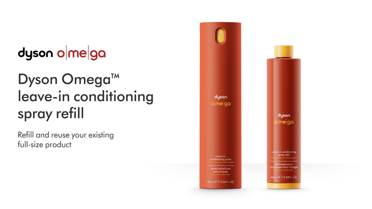The Dyson Omega leave-in conditioning spray refill with packaging.