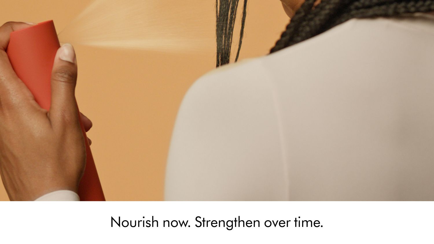 The Dyson Omega leave-in conditioning spray and refill next to a model applying the spray to her hair.