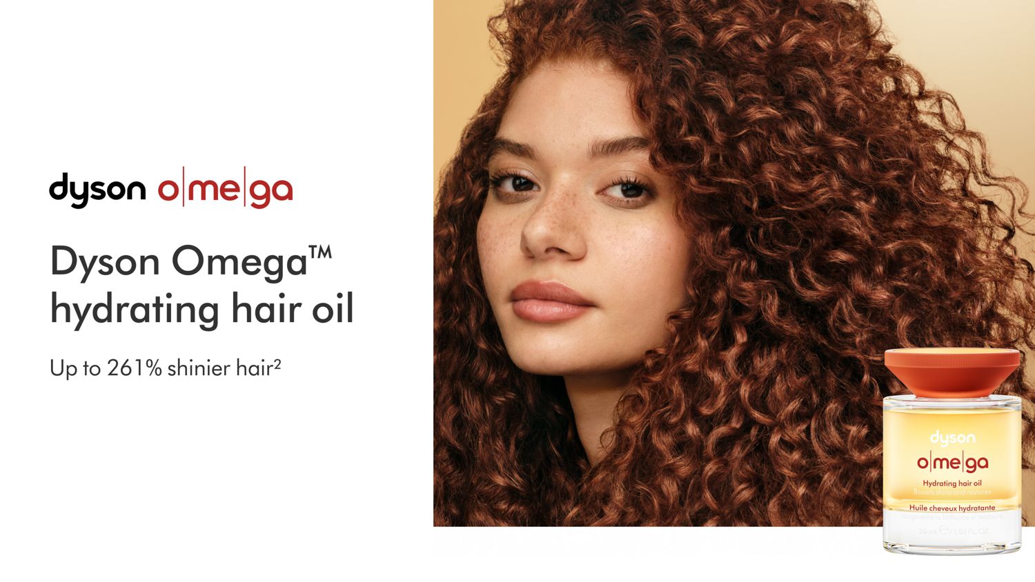 The Dyson Omega hydrating hair oil next to a model with styled curly hair.