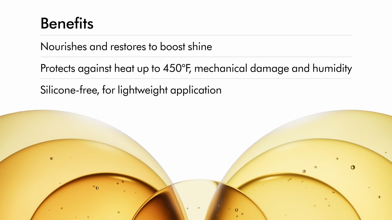 The Dyson Omega hydrating hair oil next to circles of oil representing the Oli7 blend.