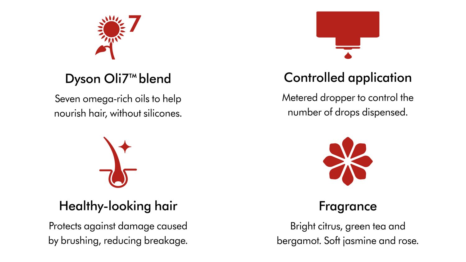 Dyson Oil7 blend, controlled application, healthy-looking hair, fragrance