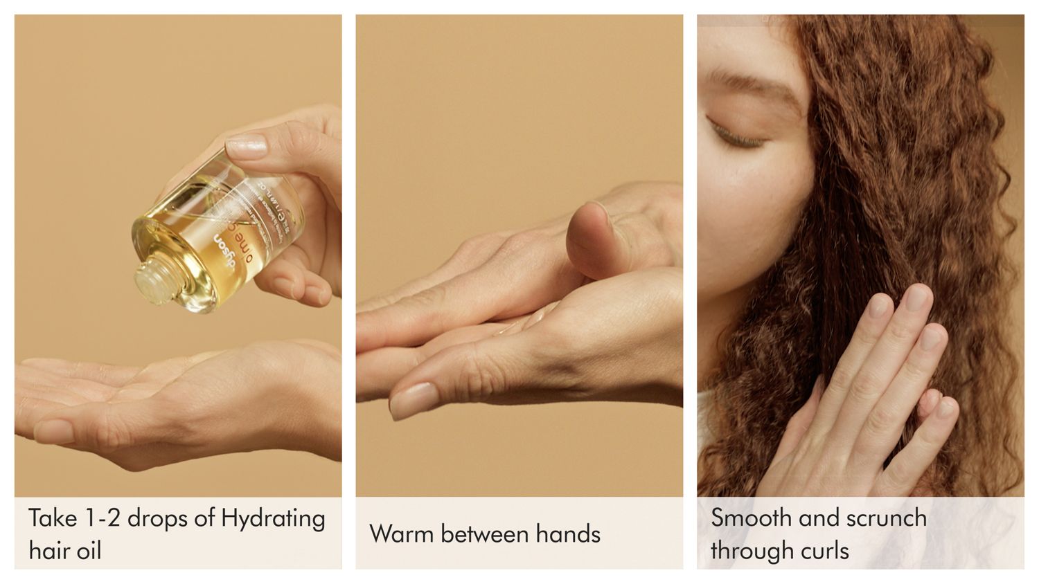 Steps to use the Dyson Omega hydrating hair oil, apply 1-2 drops to hands and smooth into hair, apply more oil as needed.