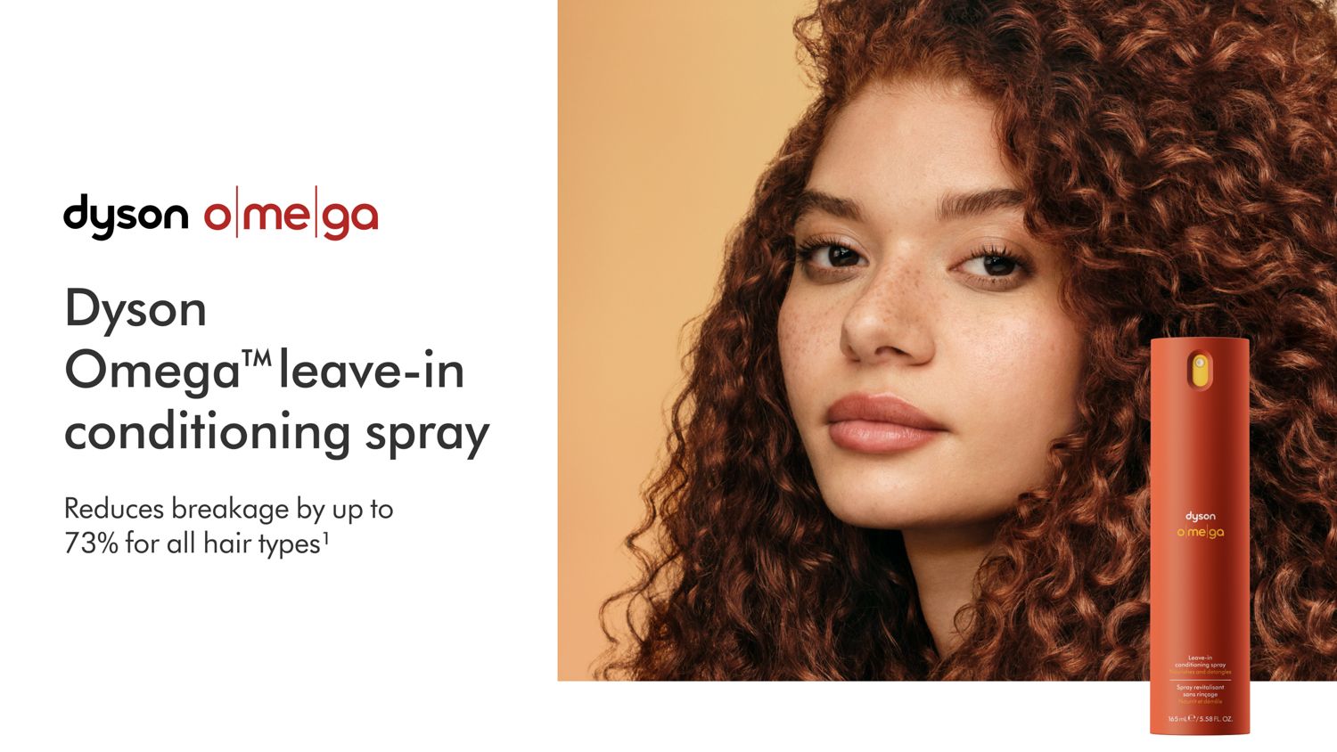 The Dyson Omega leave-in conditioning spray next to a model with styled curly hair.