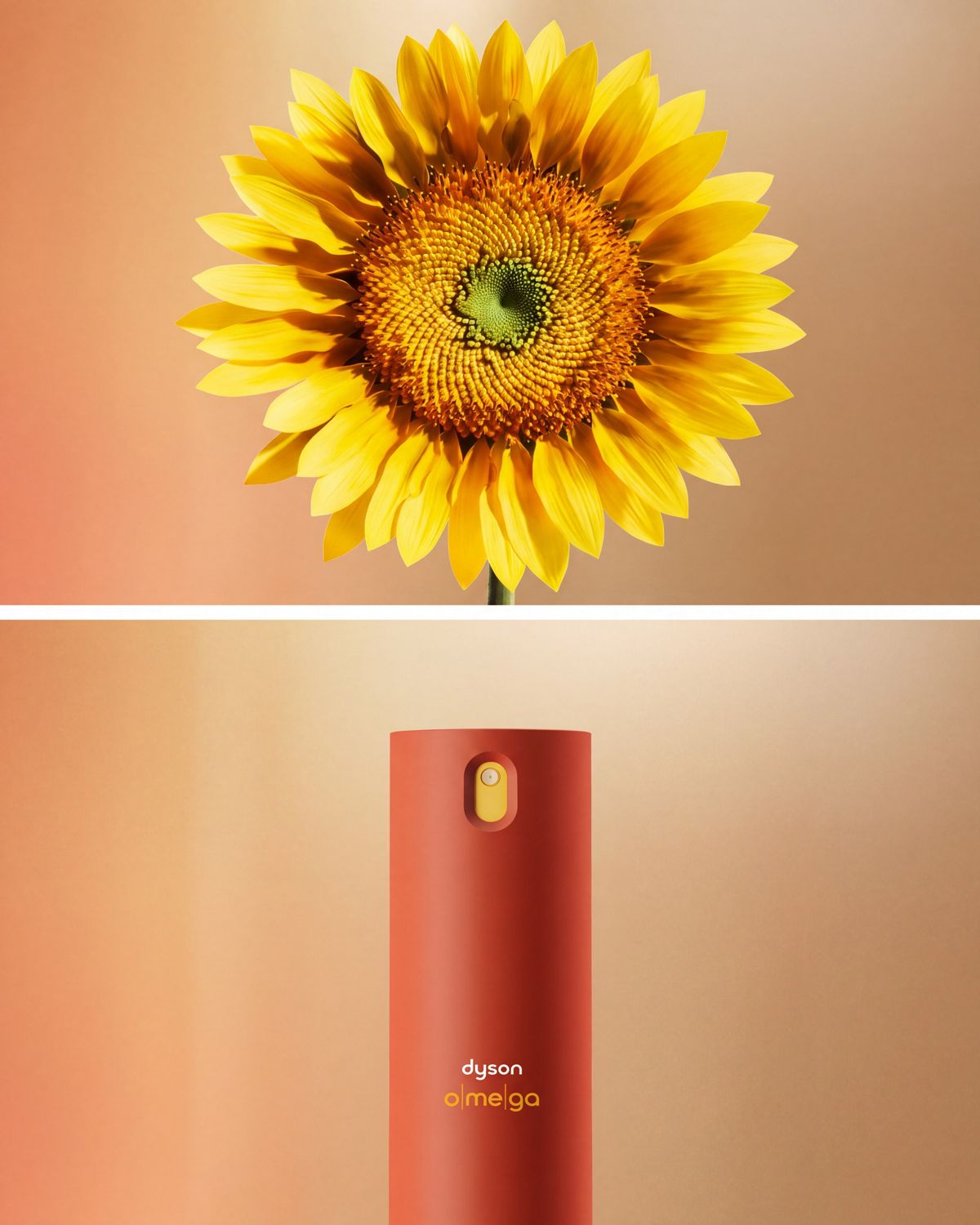 The Dyson Omega leave-in conditioning spray next to a sunflower head.