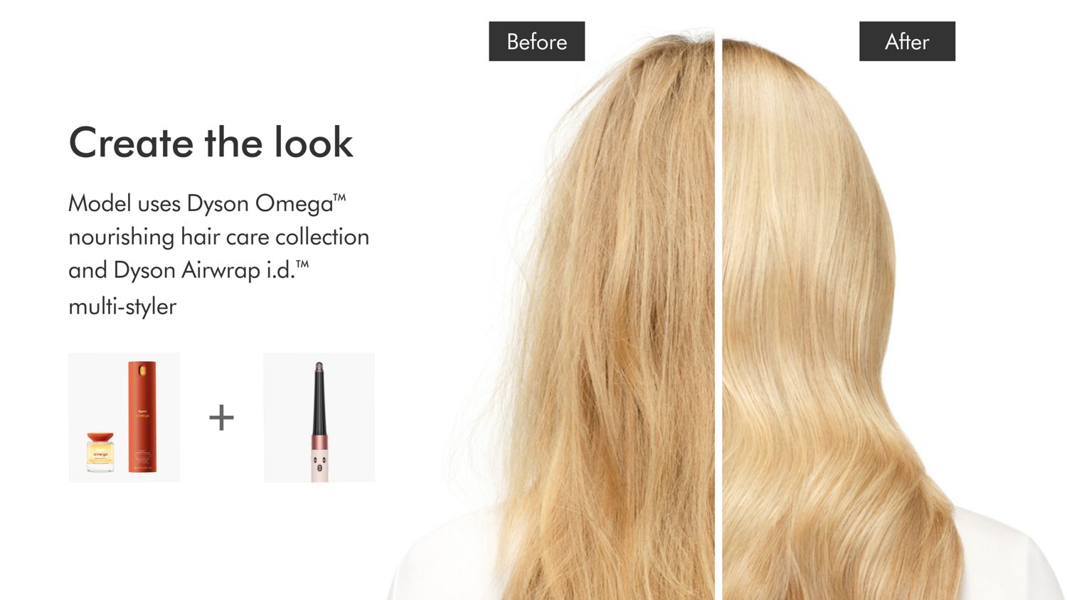 Before and after of model with wavy hair styled with Dyson Omega products.