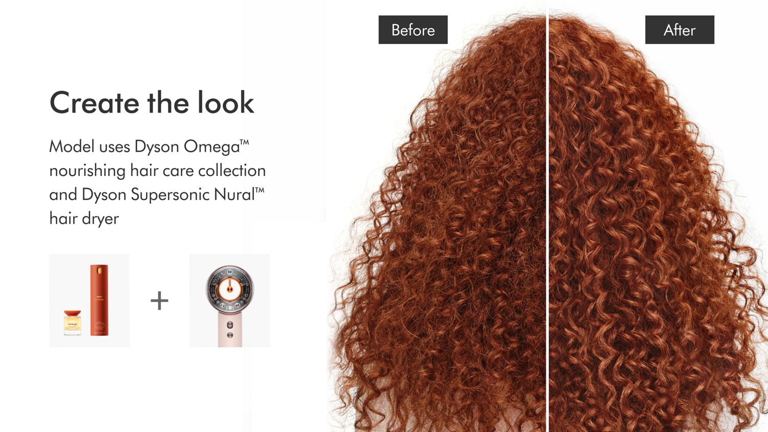Before and after of model with curly hair styled with Dyson Omega products.