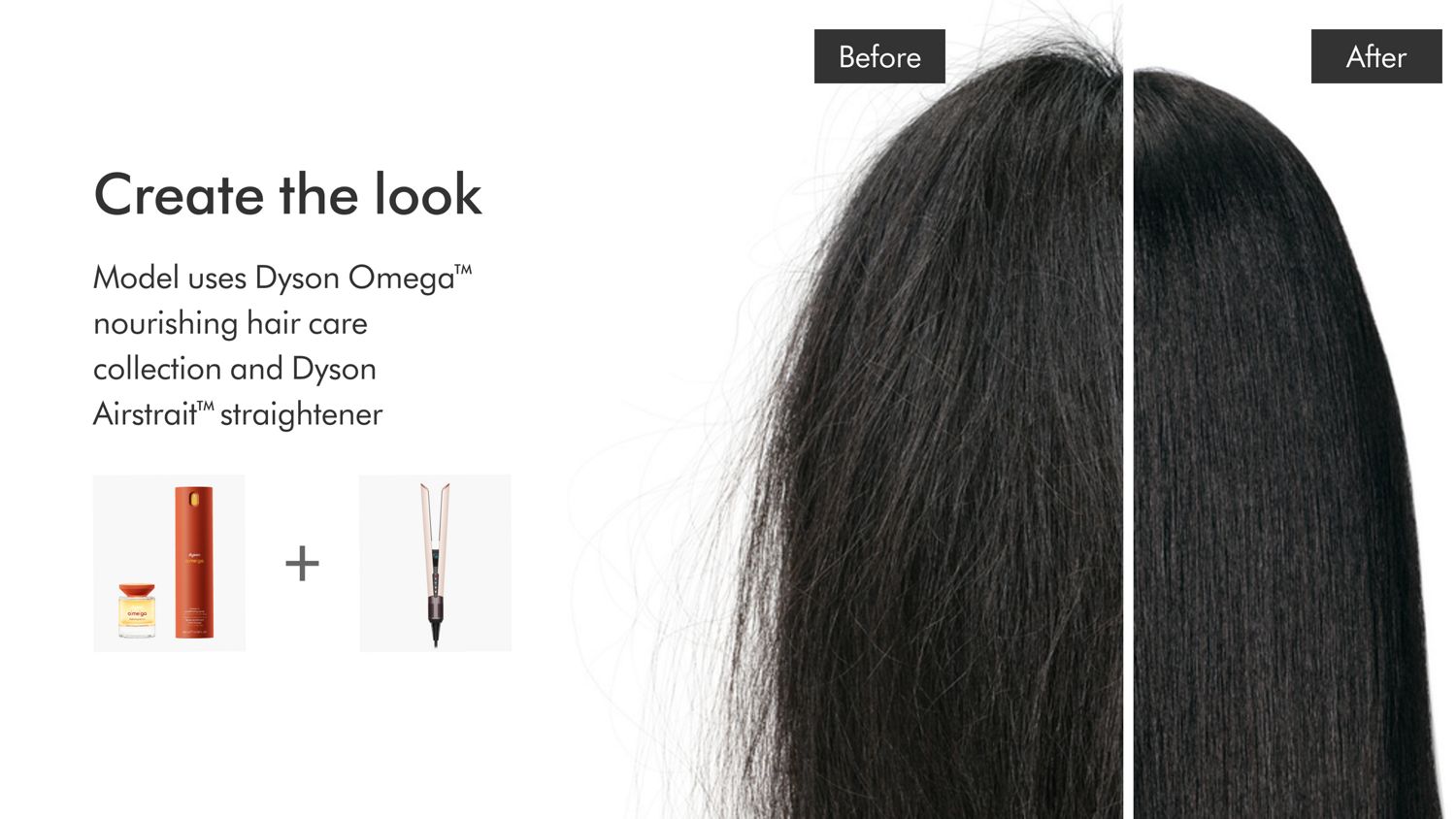 Before and after of model with straight hair styled with Dyson Omega products.