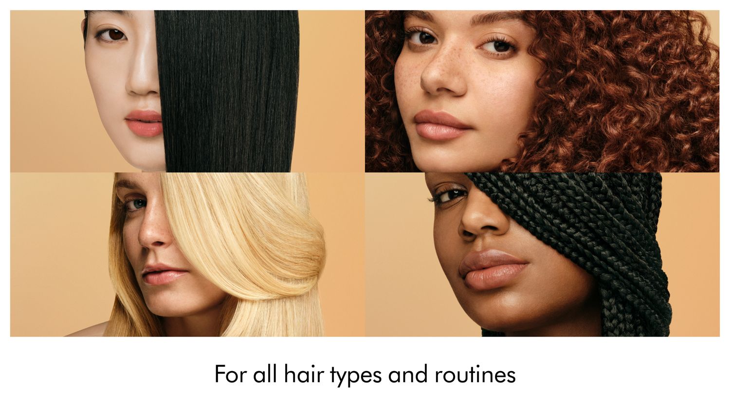 Models with different hair types showing off their hair nourished with the Dyson Omega range.