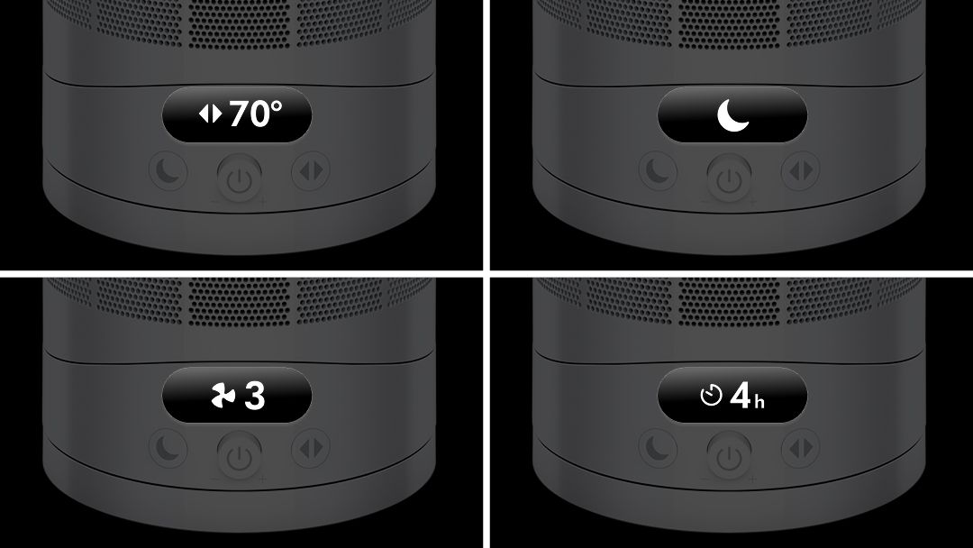 The LCD screen of the Dyson Cool CF1 fan showing the oscillation range, Night mode, the Sleep timer clock and airflow speed.
