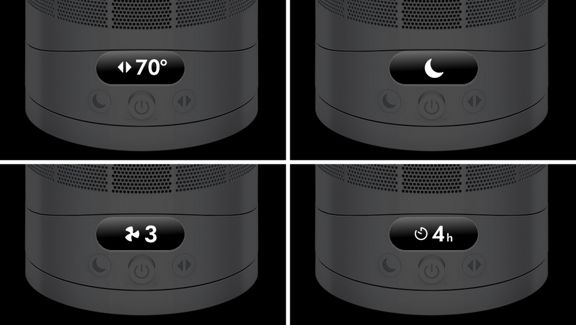 Der LCD-Bildschirm des Dyson Cool CF1-Ventilators zeigt den Oszillationsbereich, den Nachtmodus, die Sleep-Timer-Uhr und die Luftstromgeschwindigkeit an.