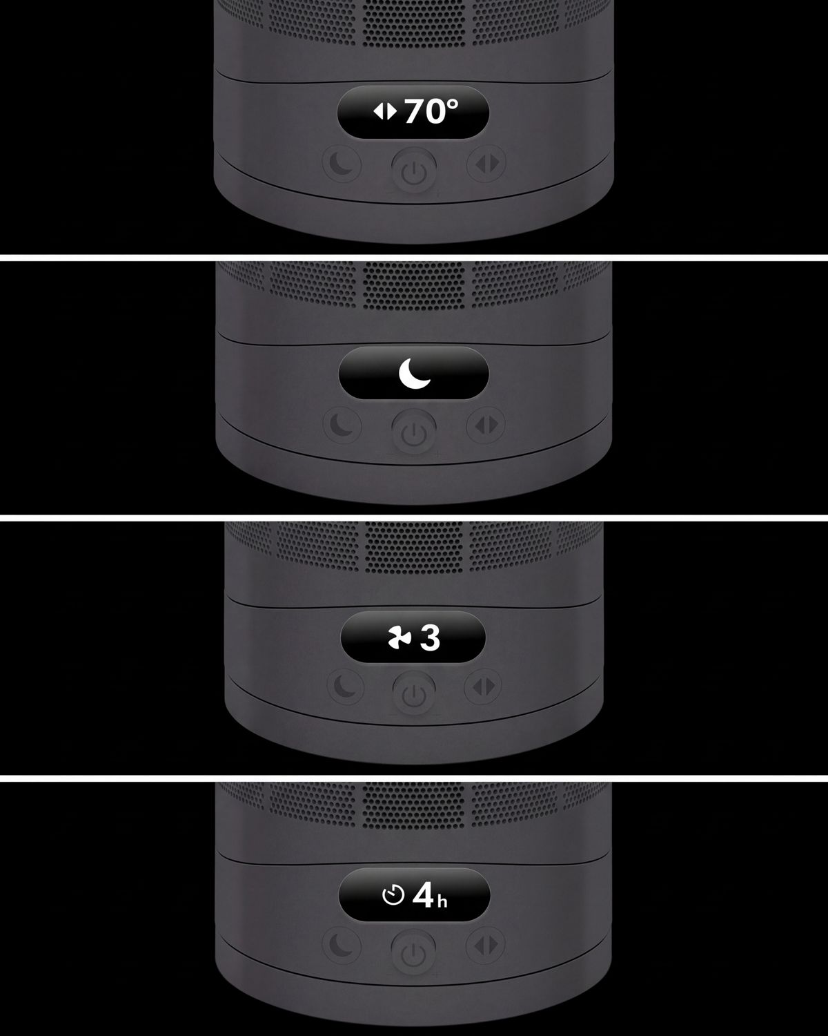 The LCD screen of the Dyson Cool CF1 fan showing the oscillation range, Night mode, the Sleep timer clock and airflow speed.