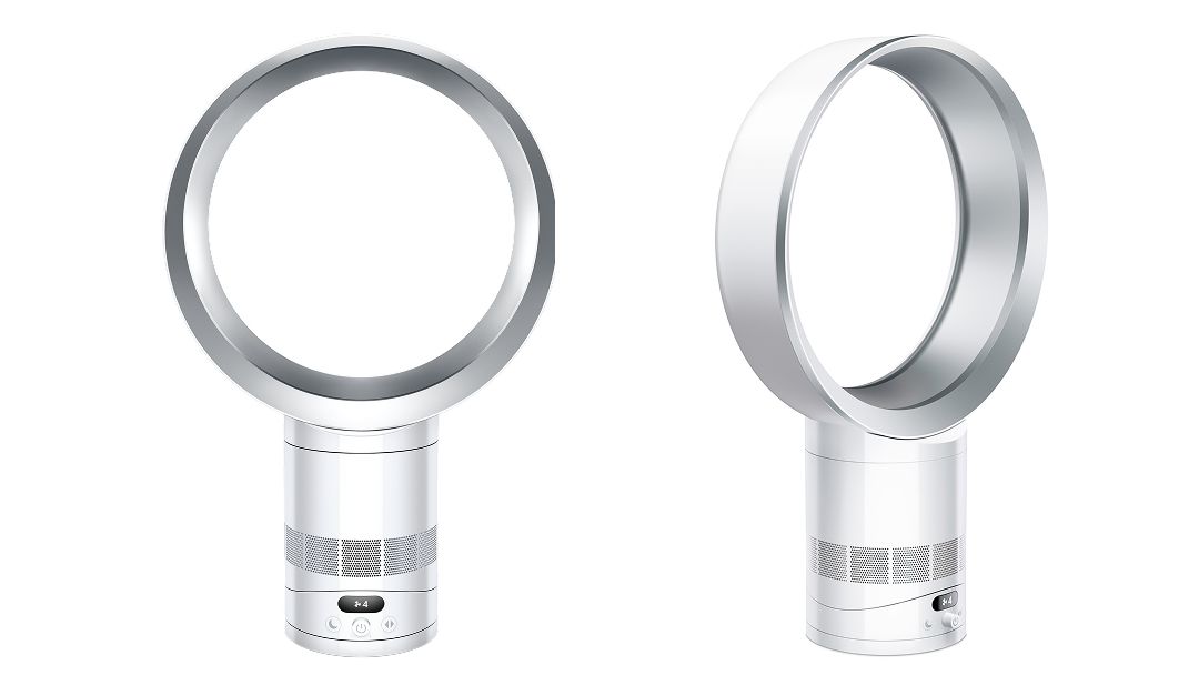 Two images, side by side of the Dyson Cool CF1 fan. One facing straight forward and one facing at a 45 degree angle.