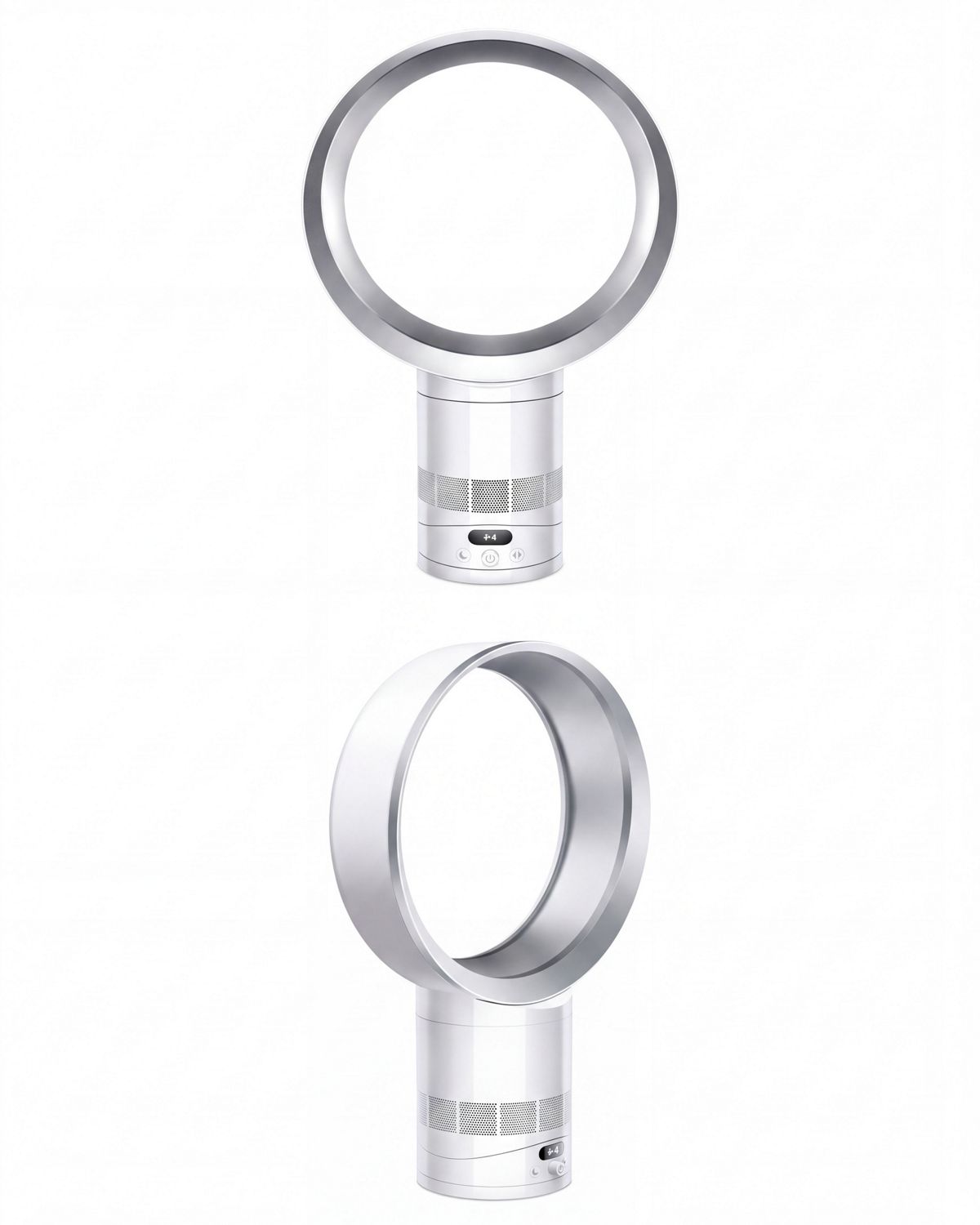 Two images, side by side of the Dyson Cool CF1 fan. One facing straight forward and one facing at a 45 degree angle.