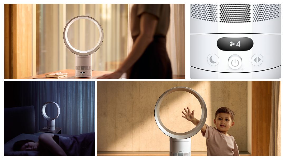 A grid with the Dyson Cool CF1 fan on a desk and in a bedroom, the LCD screen, and a child putting their hand in the loop.
