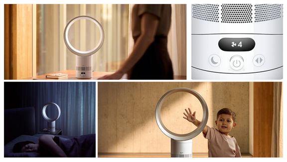 Ein Gitter mit dem Dyson Cool CF1 Ventilator auf einem Schreibtisch und in einem Schlafzimmer, der LCD-Bildschirm und ein Kind, das seine Hand in die Schleife steckt.