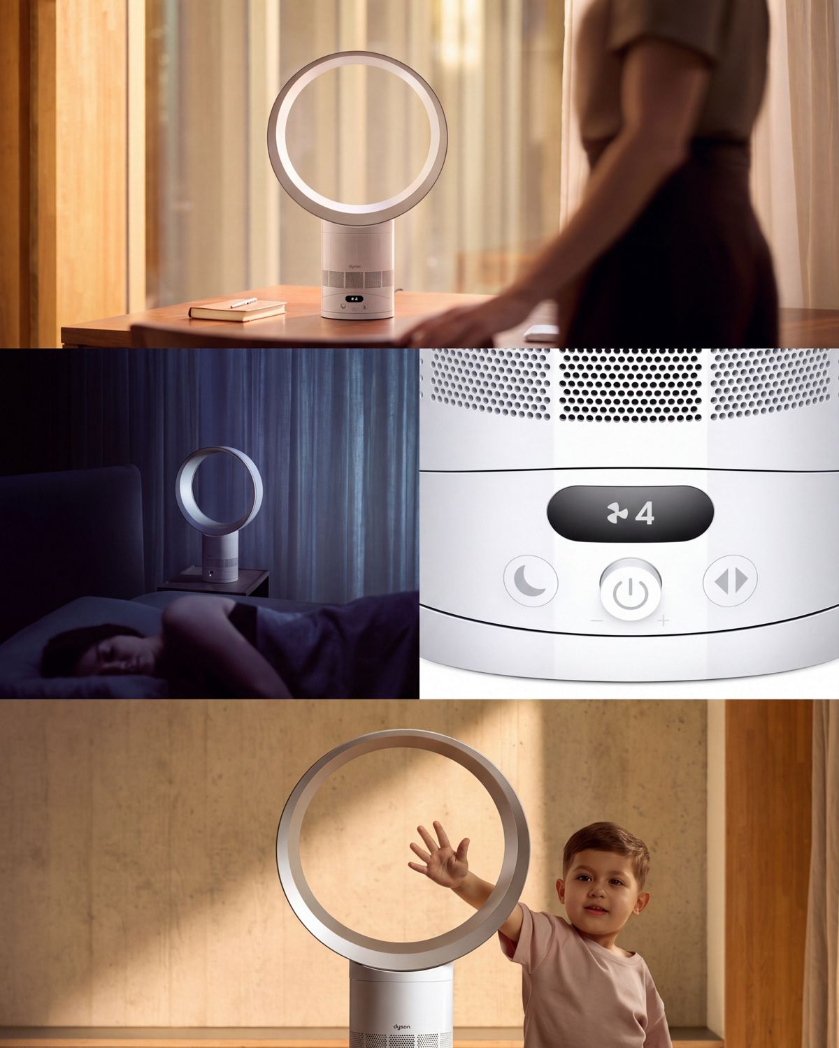 A grid with the Dyson Cool CF1 fan on a desk and in a bedroom, the LCD screen, and a child putting their hand in the loop.