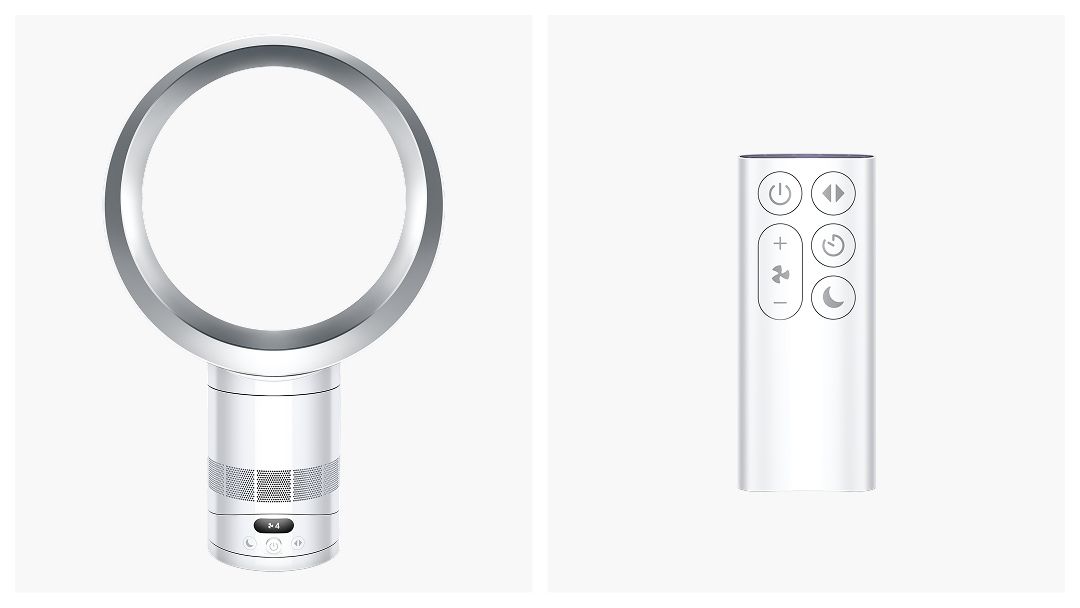 The Dyson Cool CF1 fan and the remote control side by side on a plain grey background.