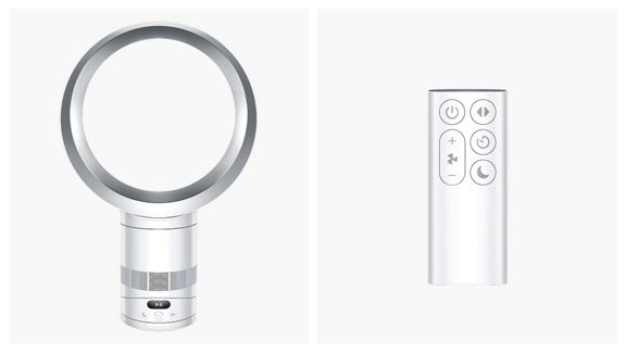 Der Dyson Cool CF1 Ventilator und die Fernbedienung nebeneinander auf einem schlichten grauen Hintergrund.
