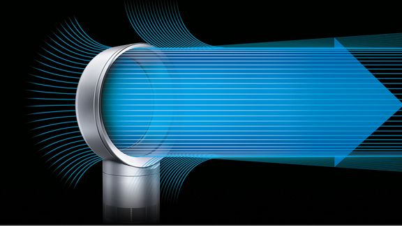 Die blauen Linien stellen den kühlenden Luftstrom dar, der vom Dyson Cool CF1-Ventilator angesaugt, vervielfacht und kraftvoll ausgestoßen wird. 