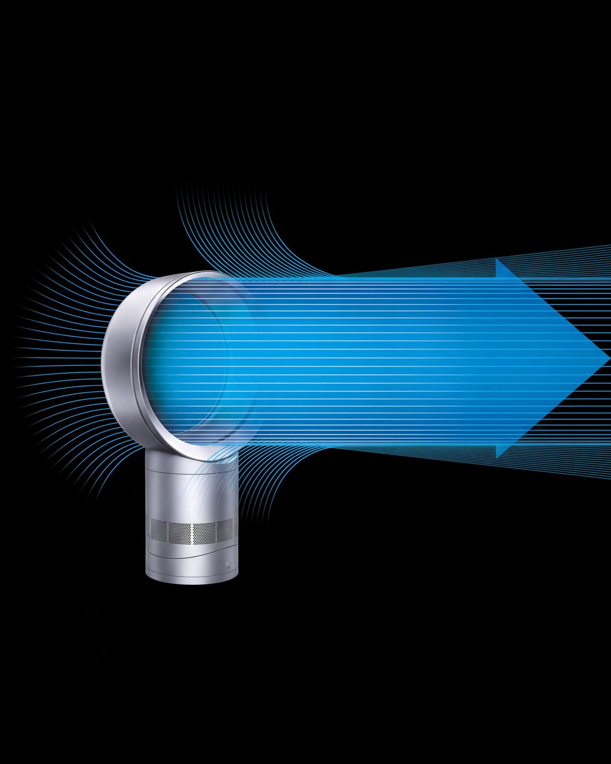 Blue lines represent cool airflow being drawn in, multiplied, and powerfully projected from the Dyson Cool CF1 fan. 
