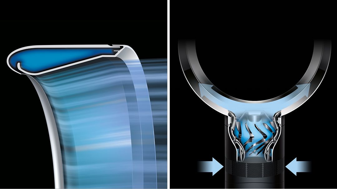 Blue lines represent airflow blowing over the surface of the airfoil and a cutaway of the motor of the Dyson Cool CF1 fan.