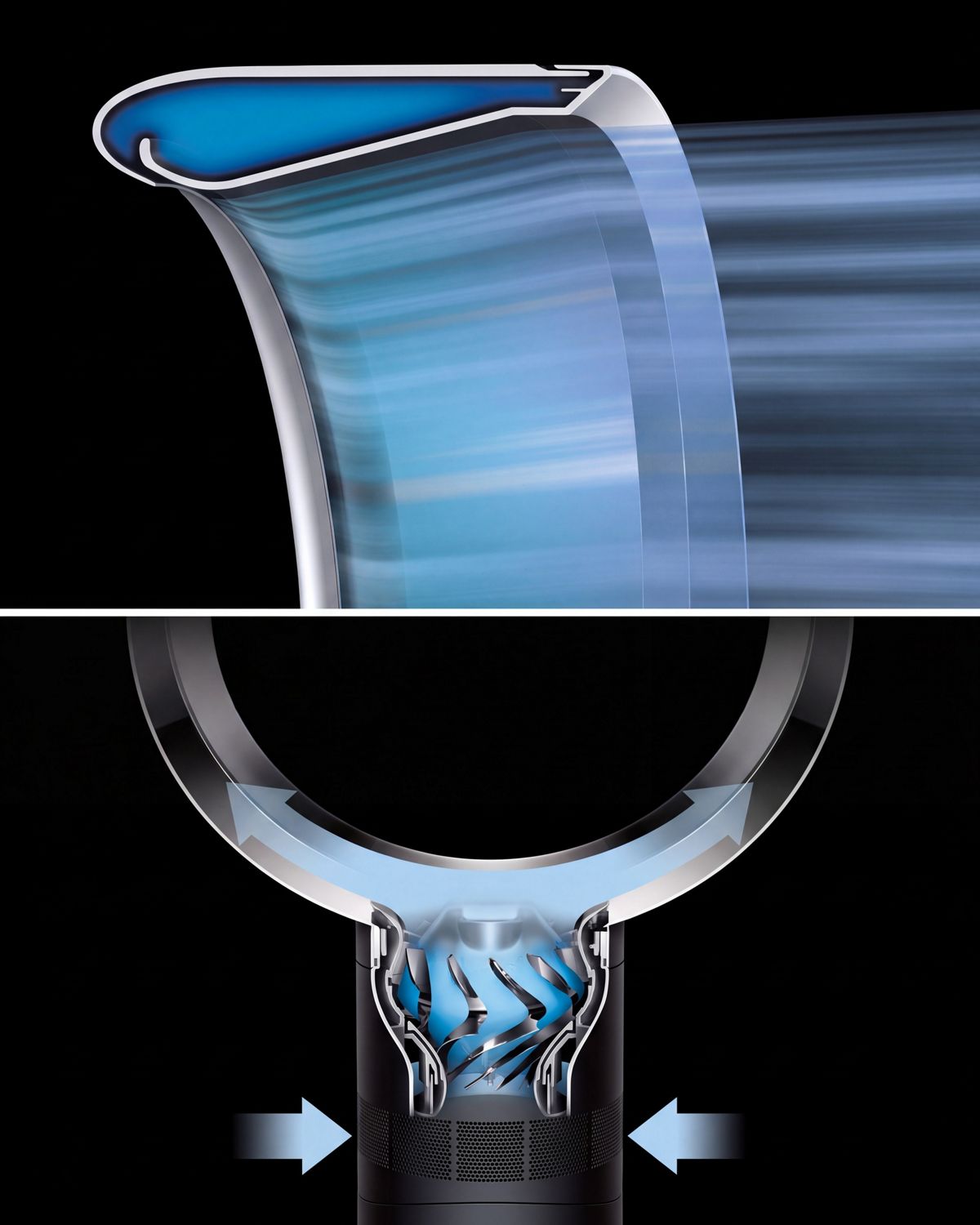 Blue lines represent airflow blowing over the surface of the airfoil and a cutaway of the motor of the Dyson Cool CF1 fan.