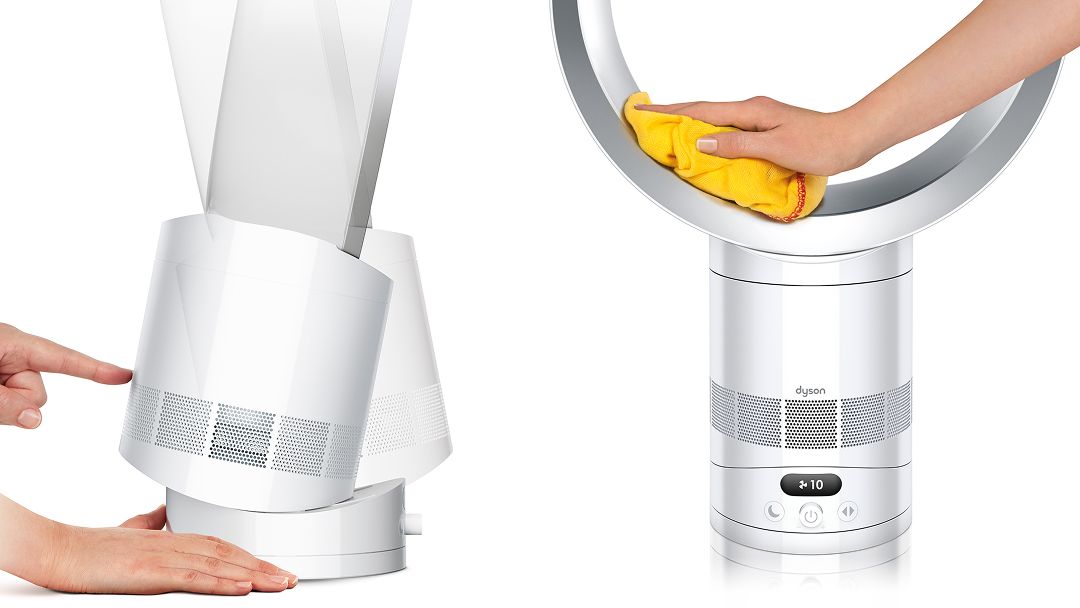 The Dyson Cool CF1 fan is shown being tilted on its base and the amplifier loop being wiped with a cloth.