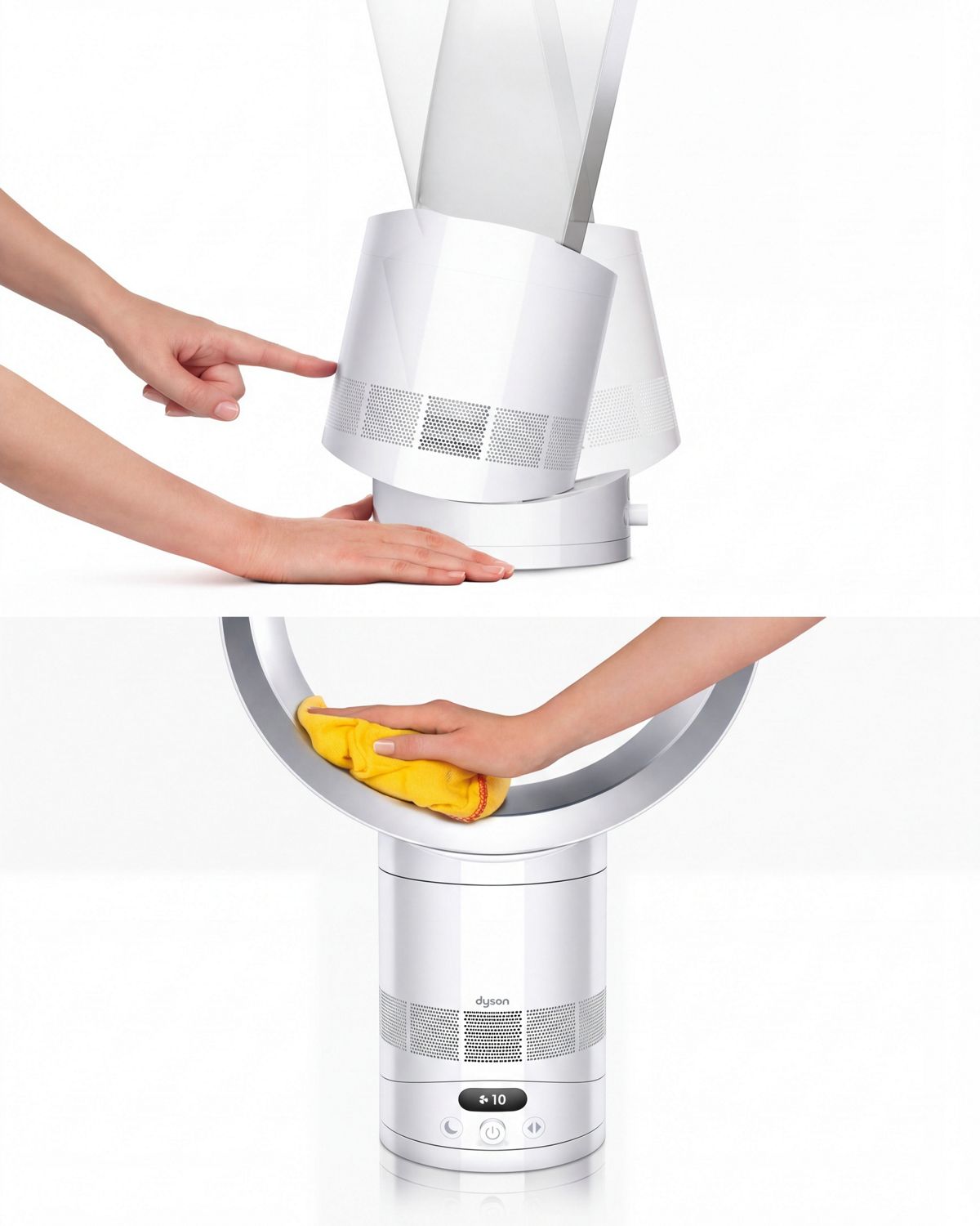 The Dyson Cool CF1 fan is shown being tilted on its base and the amplifier loop being wiped with a cloth.