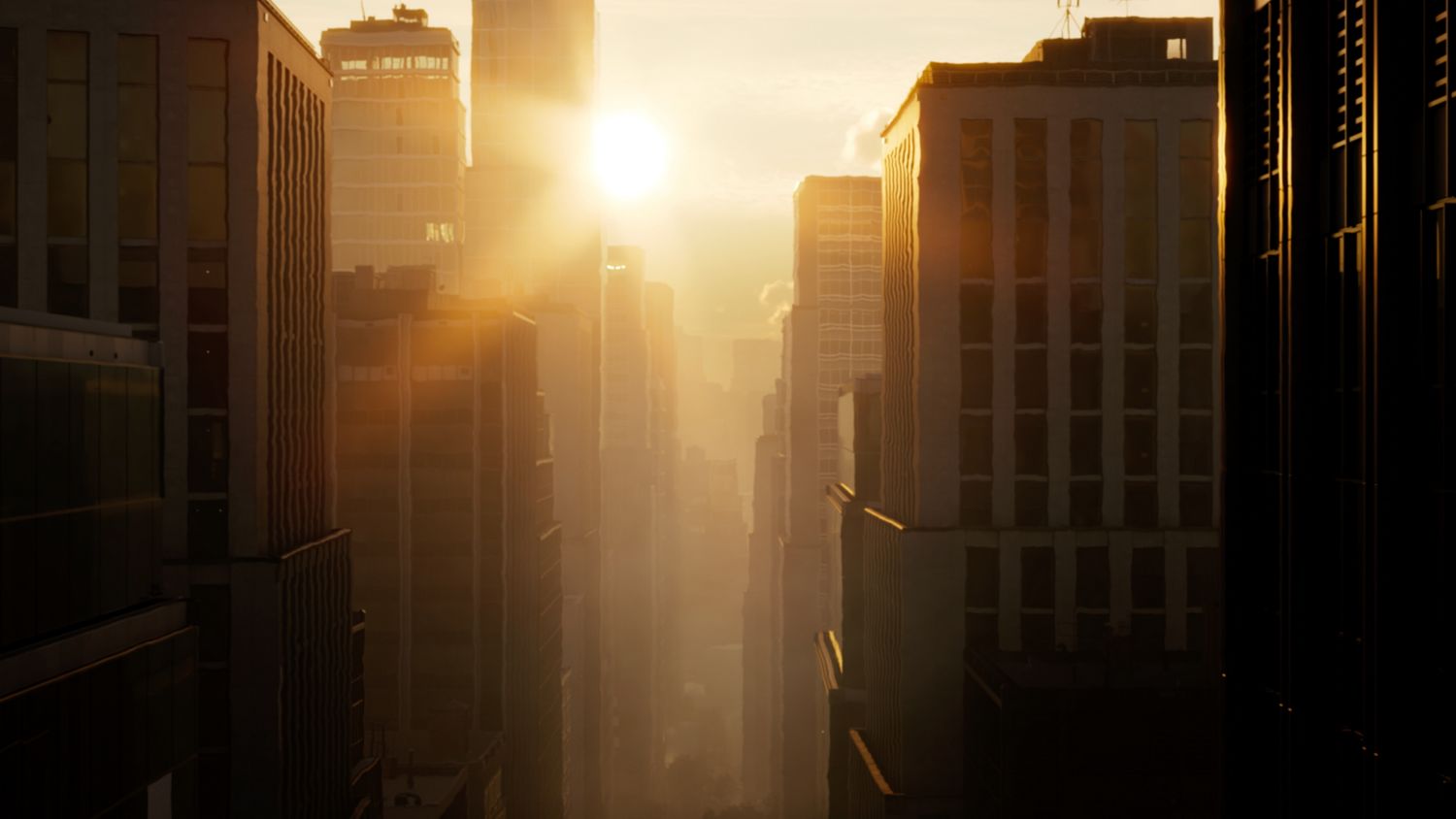 The camera moves from a view of a hot city back to the calm indoors where the Dyson Cool CF1 fan is quietly cooling.