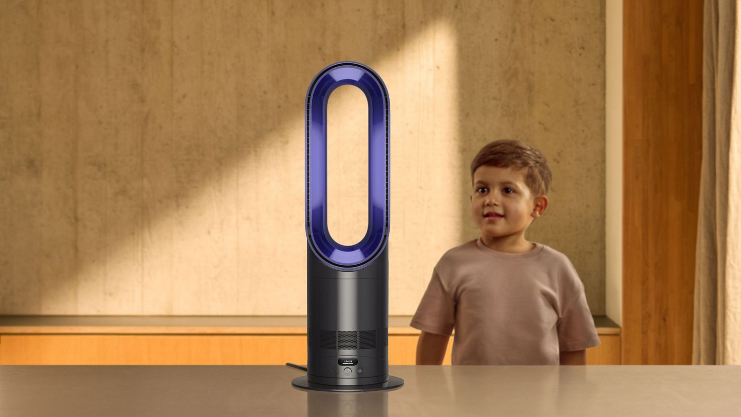 The Dyson Hot+Cool HF1 Rapid React heater and cooling fan next to a small child.