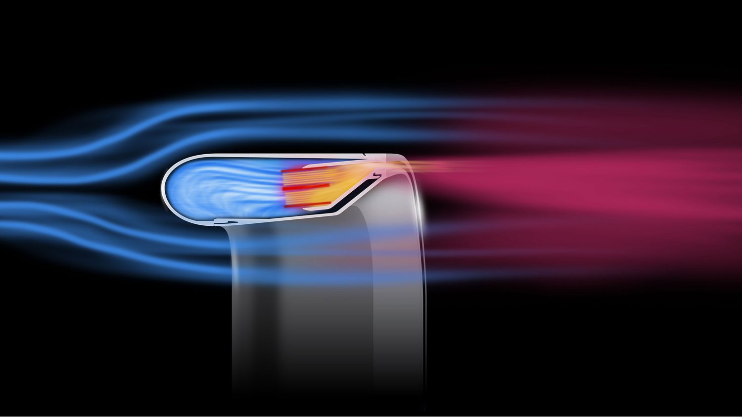 Cutaway showing the heated airflow through the Airfoil shaped ramp of the Dyson Hot+Cool HF1 Rapid React fan heater.