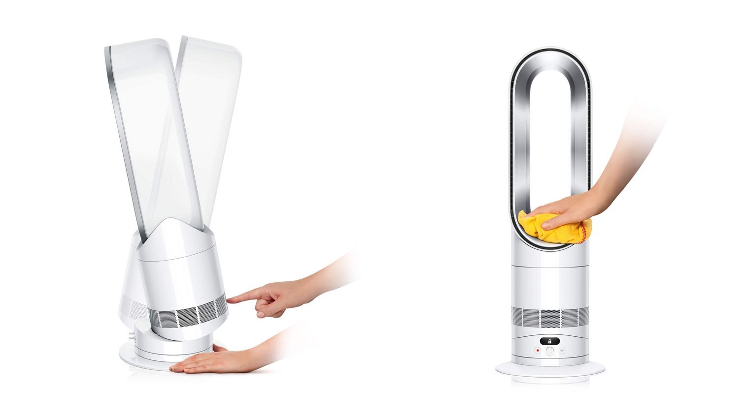 The Dyson Hot+Cool HF1 Remote Link Pre-heat heater and cooling fan tilts on its base and is wiped with a cloth.
