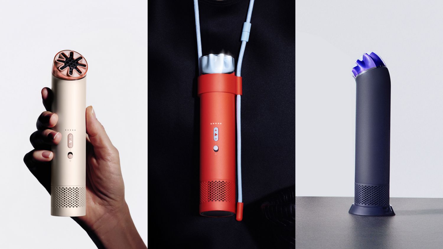 Dyson HushJet Mini Cool fan held in a hand, worn in the Neck Dock and stood on the Charging Stand.