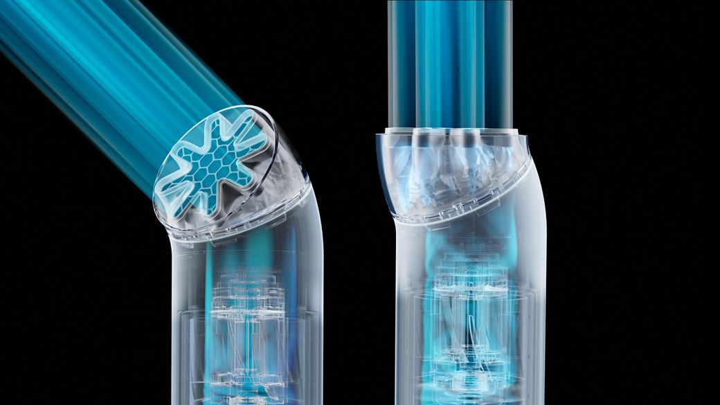 The Dyson HushJet Mini Cool portable fan nozzle in the forward and upward facing positions.