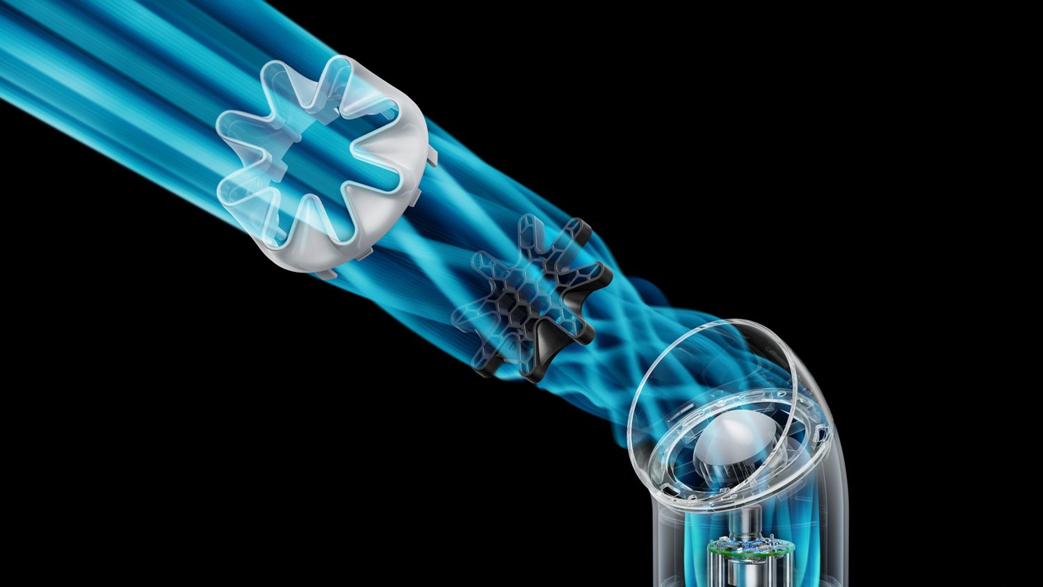 Exploded graphic showing the HushJet mechanism and honeycomb mesh in the Dyson HushJet Mini Cool portable fan.