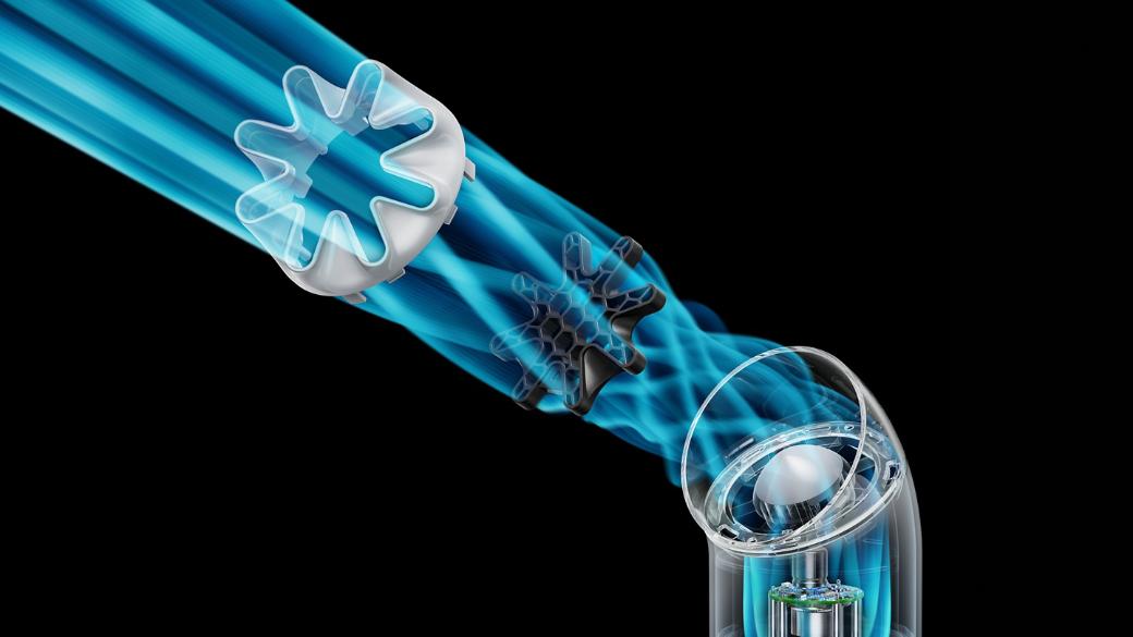 Exploded graphic showing the HushJet mechanism and honeycomb mesh in the Dyson HushJet Mini Cool portable fan.
