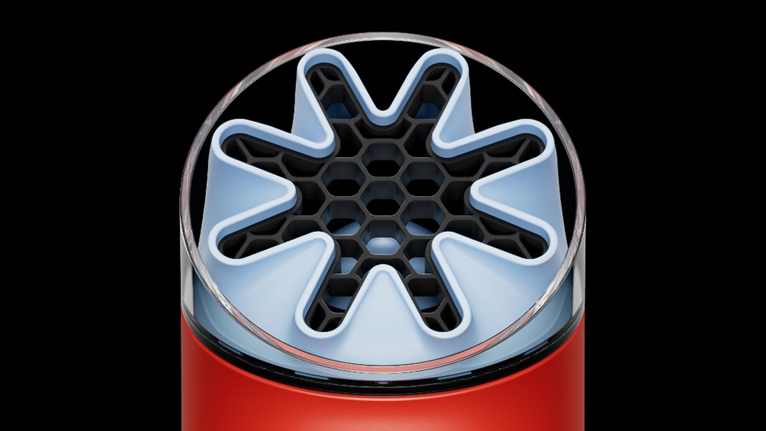 Close-up of the HushJet nozzle and honeycombed mesh on the Dyson HushJet Mini Cool portable fan.