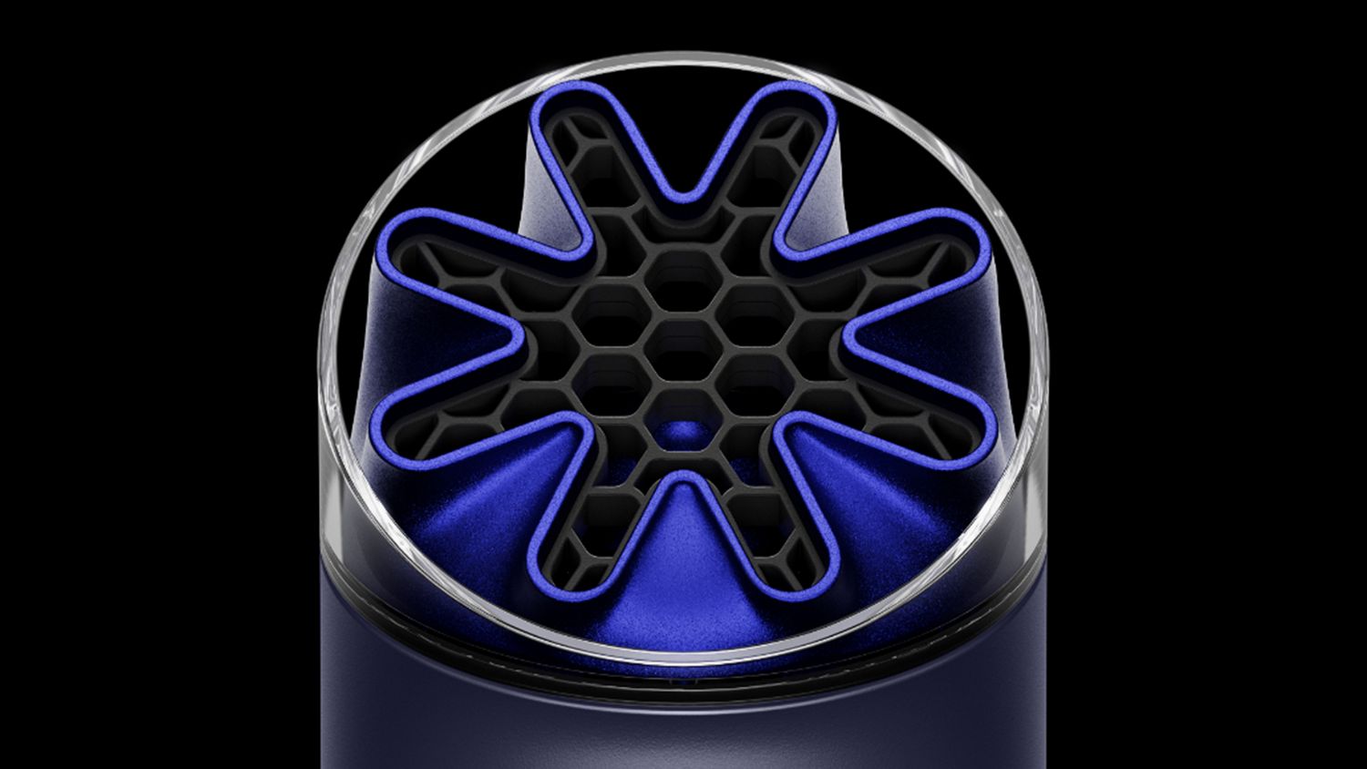 Close-up of the HushJet nozzle and honeycombed mesh on the Dyson HushJet Mini Cool portable fan.