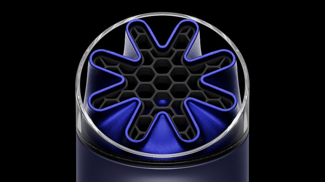 Close-up of the HushJet nozzle and honeycombed mesh on the Dyson HushJet Mini Cool portable fan.