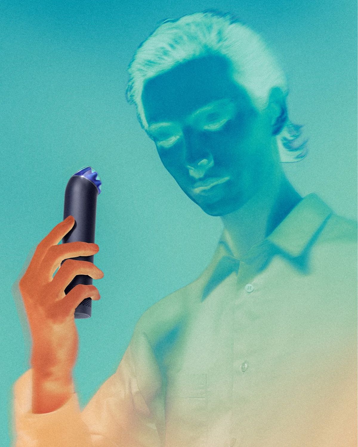 Model cools down using the Dyson HushJet Mini Cool portable fan.