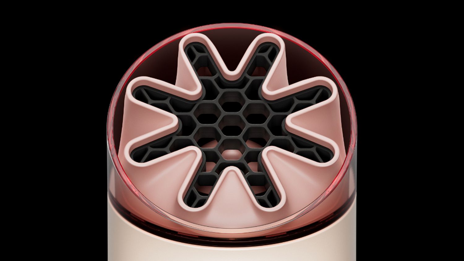 Close-up of the HushJet nozzle and honeycombed mesh on the Dyson HushJet Mini Cool portable fan.