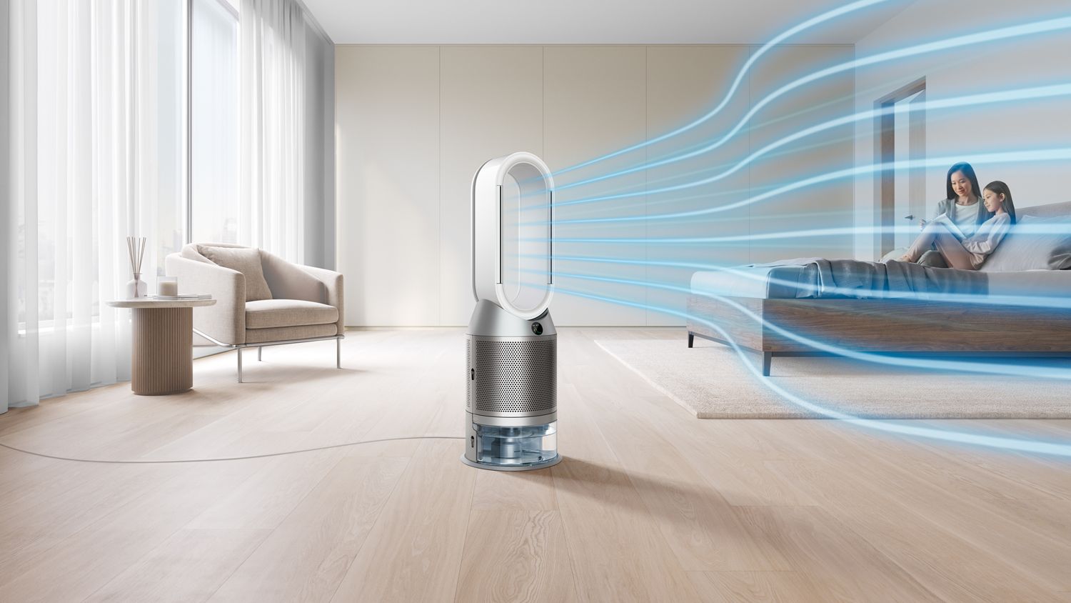 Dyson purifier humidy+cool autoreact PH3A emitting purified air in a bedroom