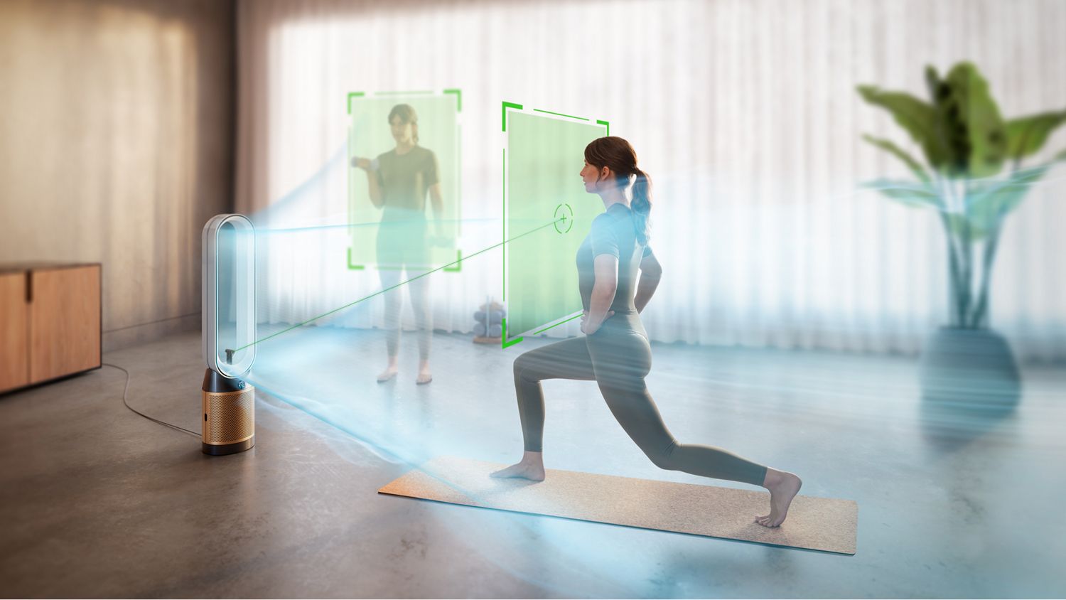 Dyson Find+Follow Purifier Cool fan uses Find+Follow air projection to evenly split airflow between people in a large room.