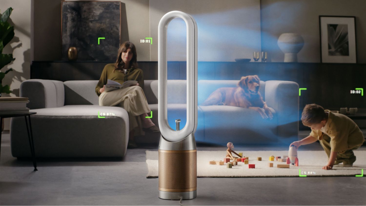 Dyson Find+Follow Purifier Cool fan projects cooling airflow in a large room.