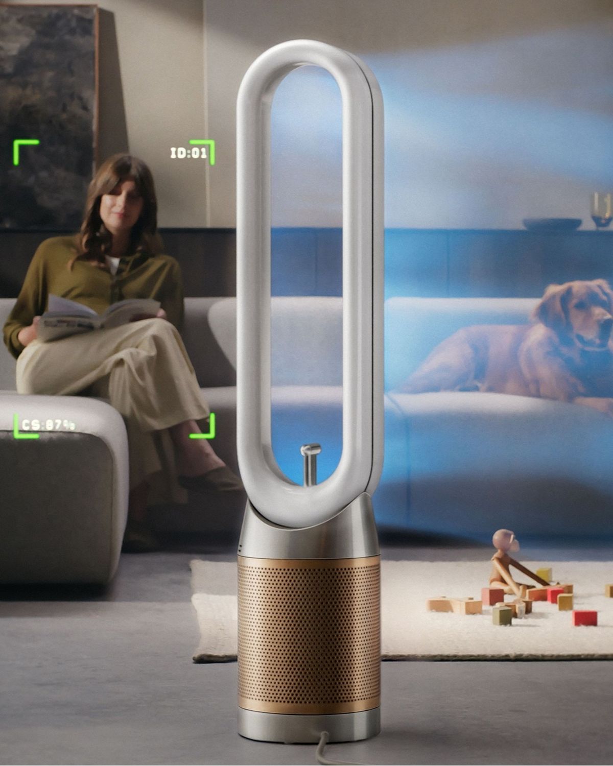 Dyson Find+Follow Purifier Cool fan projects cooling airflow in a large room.