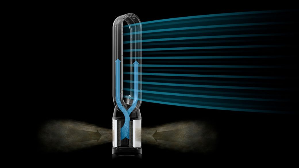 Cutaway showing the airflow through the filters of the Dyson Find+Follow Purifier Cool fan.