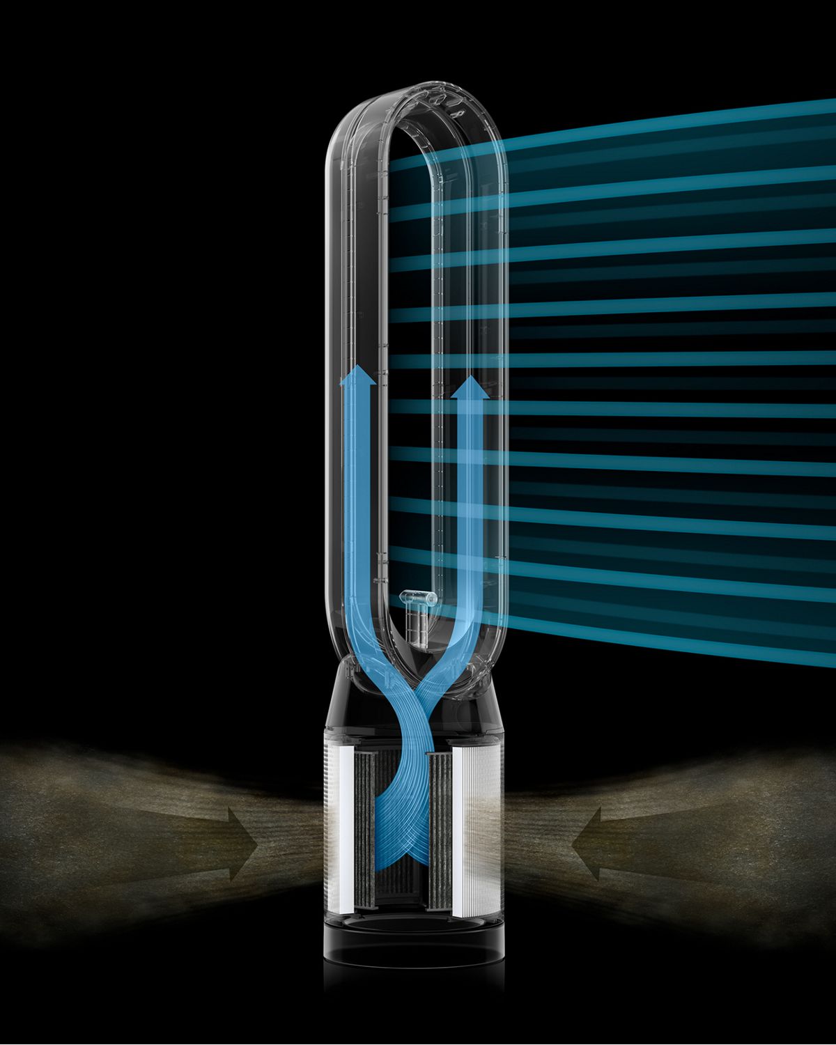 Cutaway showing the airflow through the filters of the Dyson Find+Follow Purifier Cool fan.