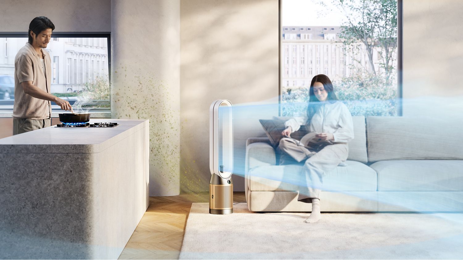 Dyson Find+Follow Purifier Cool fan cools a room with airflow while a person cooks.
