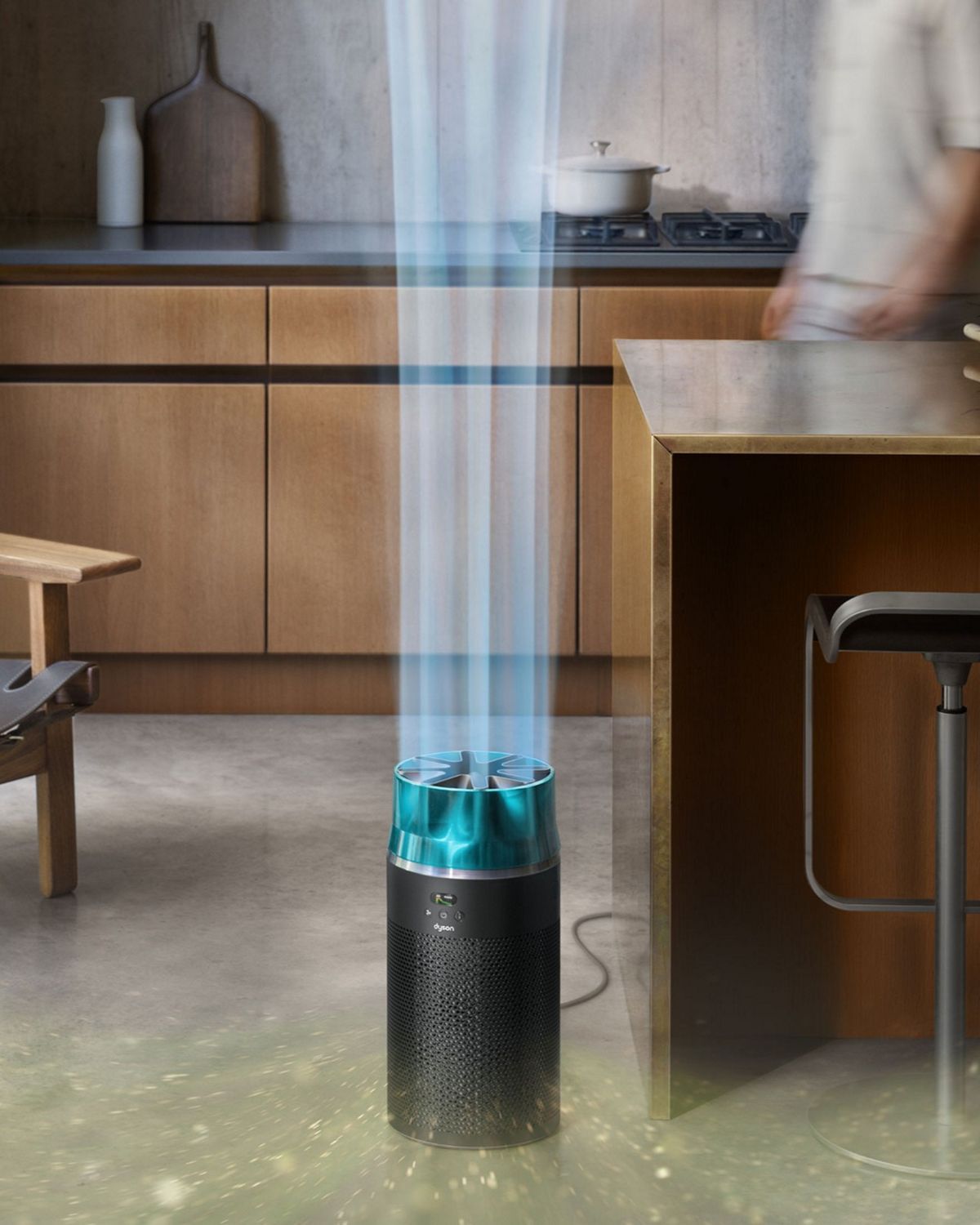 The Dyson HushJet Compact Purifier purifies air in a kitchen.