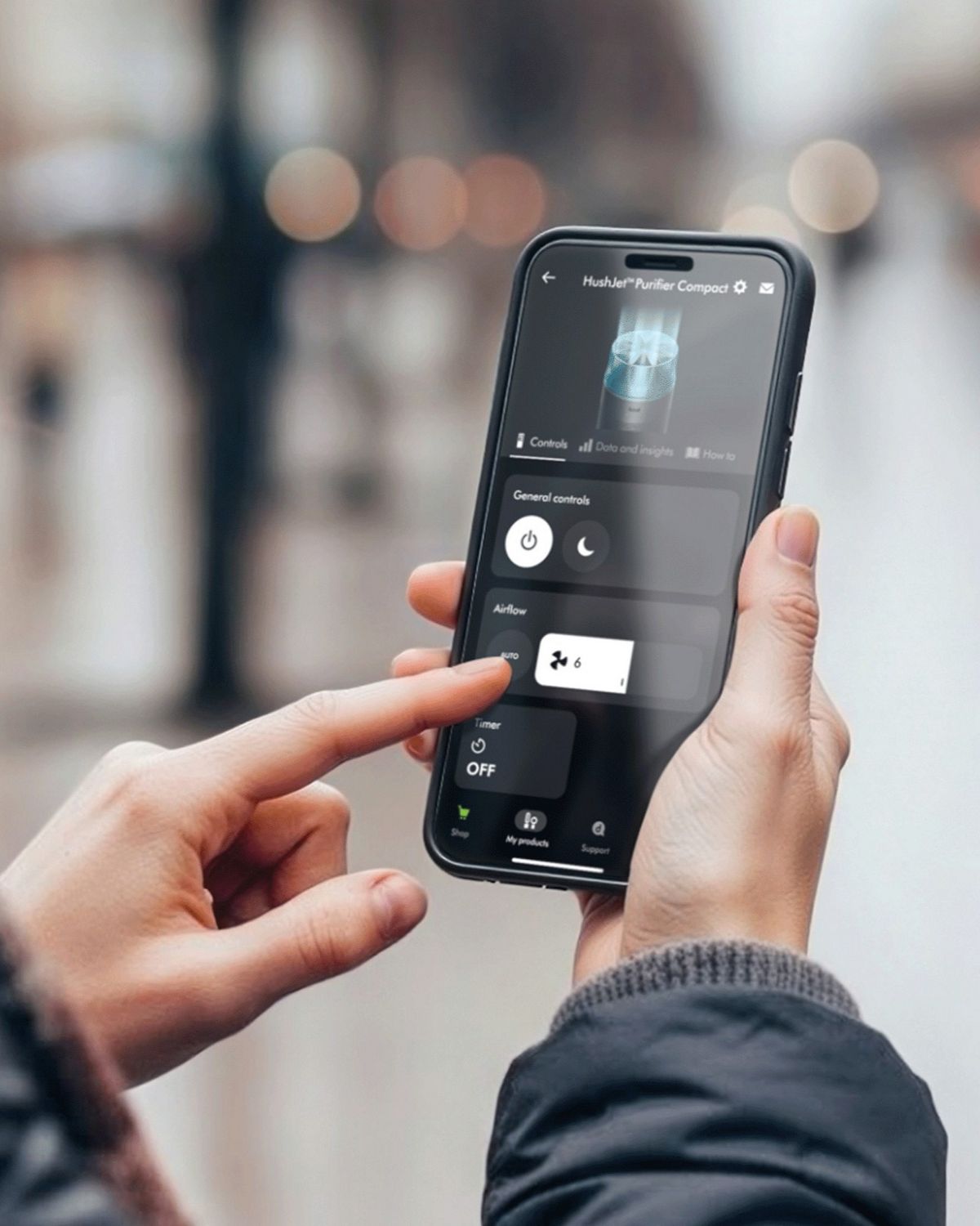 The MyDyson app is used to remotely control the  Dyson HushJet Compact Purifier.